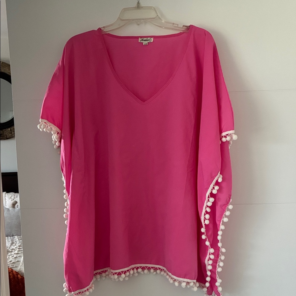 Jordan Pink Swim Cover-Up with Pom-Pom Trim